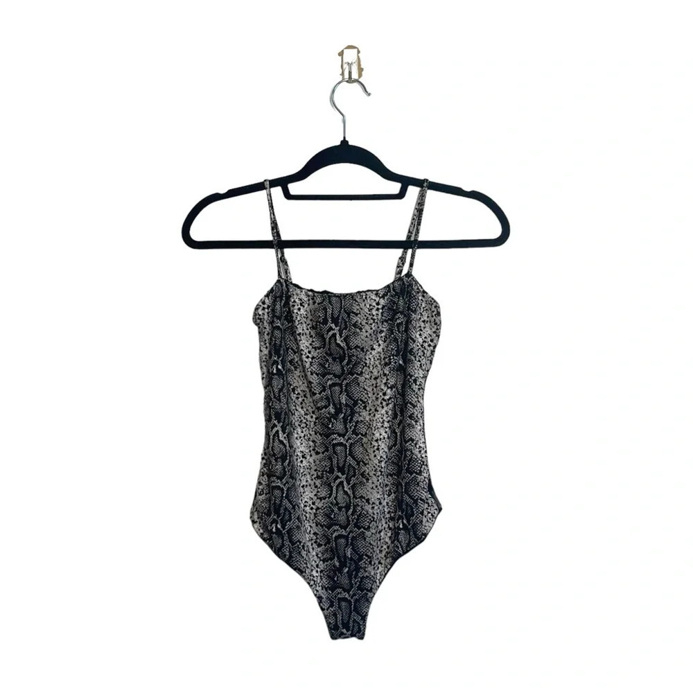 Windsor Wild Child Black & Tan Snakeskin Print Thong Bodysuit Small Women’s